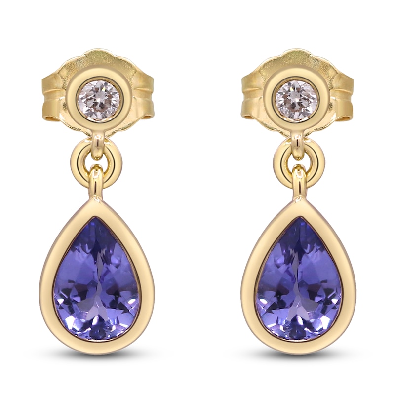 Main Image 1 of Pear-Shaped Natural Tanzanite & Diamond Bezel Dangle Earrings 1/15 ct tw 10K Yellow Gold