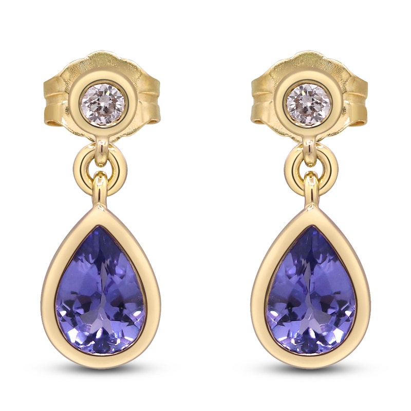 Pear-Shaped Natural Tanzanite & Diamond Bezel Dangle Earrings 1/15 ct tw 10K Yellow Gold