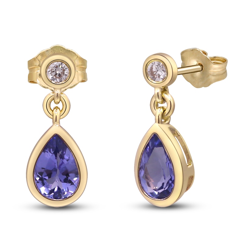 Main Image 2 of Pear-Shaped Natural Tanzanite & Diamond Bezel Dangle Earrings 1/15 ct tw 10K Yellow Gold
