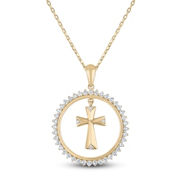 Diamond Cross Dangle Circle Necklace 1/3 ct tw 10K Yellow Gold 18"