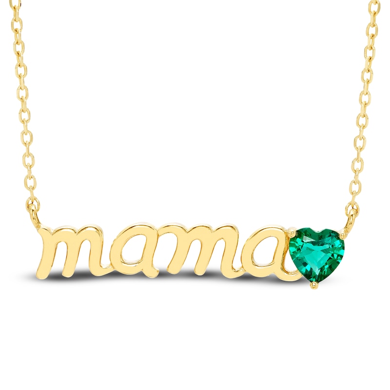 Heart-Shaped Lab-Created Emerald "Mama" Necklace 10K Yellow Gold 18"
