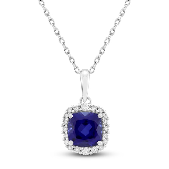 Cushion-Cut Blue Lab-Created Sapphire & Diamond Necklace 1/8 ct tw 10K White Gold 18"