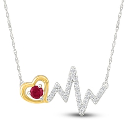 Lab-Created Ruby & White Lab-Created Sapphire Heart & Heartbeat Necklace Sterling Silver & 10K Yellow Gold 18"