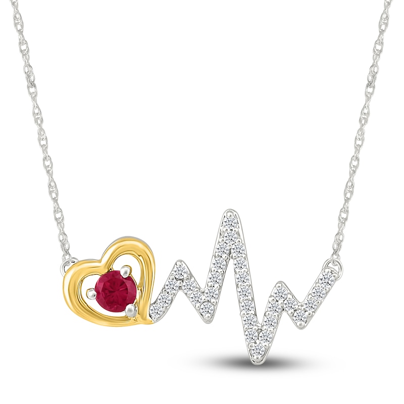 Main Image 1 of Lab-Created Ruby & White Lab-Created Sapphire Heart & Heartbeat Necklace Sterling Silver & 10K Yellow Gold 18"