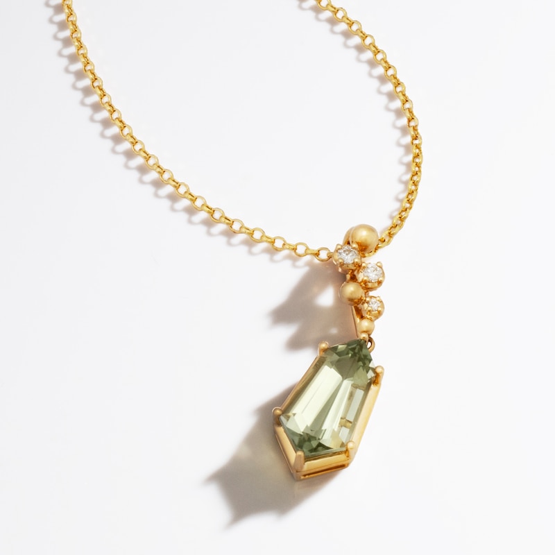 Main Image 3 of Le Vian Silhouette Elongated Shield-Cut Natural Green Quartz Necklace 1/20 ct tw Diamonds 14K Honey Gold 19"