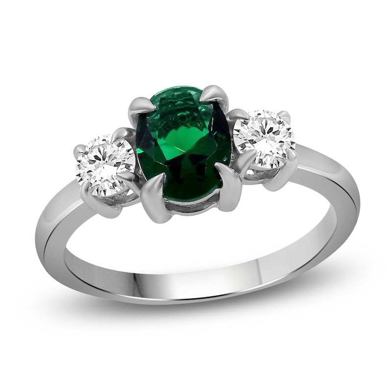 Main Image 1 of Oval-Cut Lab-Created Emerald & White Lab-Created Sapphire Three-Stone Ring Sterling Silver