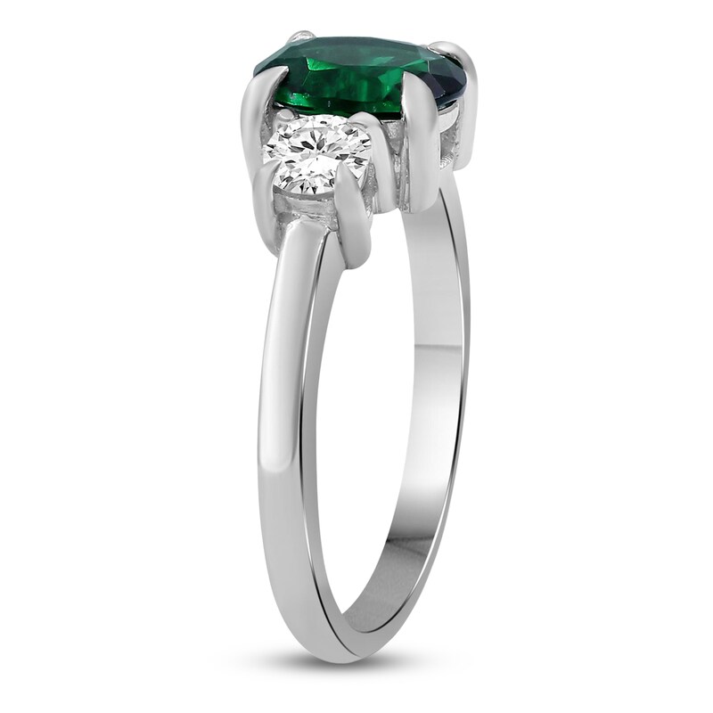 Main Image 2 of Oval-Cut Lab-Created Emerald & White Lab-Created Sapphire Three-Stone Ring Sterling Silver