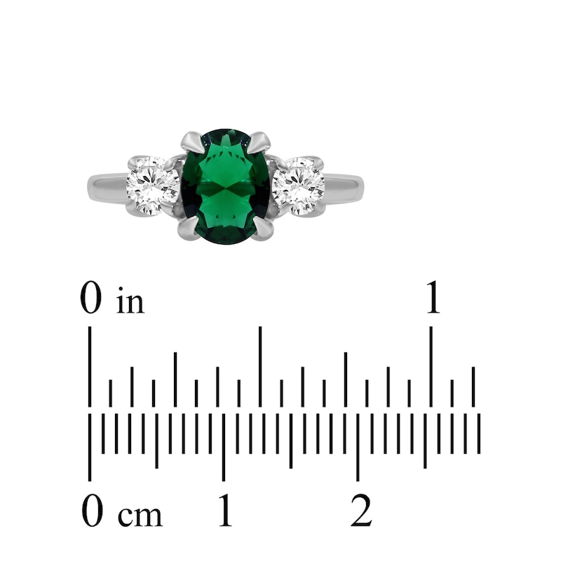 Main Image 3 of Oval-Cut Lab-Created Emerald & White Lab-Created Sapphire Three-Stone Ring Sterling Silver