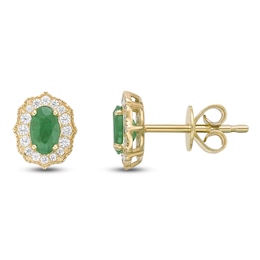 Oval-Cut Natural Emerald & Diamond Arabesque Halo Stud Earrings 1/8 ct tw 10K Yellow Gold