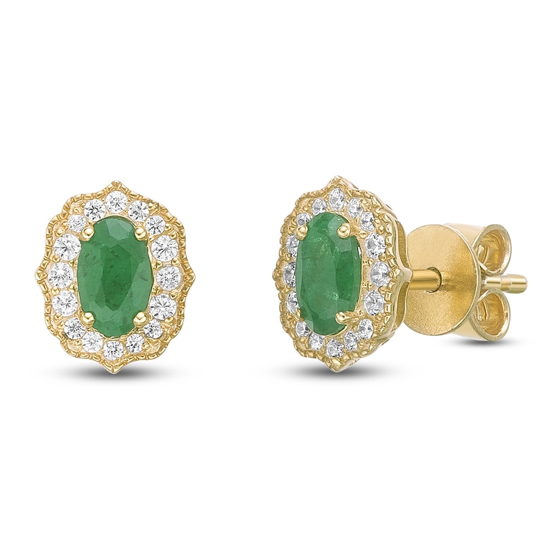 Main Image 2 of Oval-Cut Natural Emerald & Diamond Arabesque Halo Stud Earrings 1/8 ct tw 10K Yellow Gold