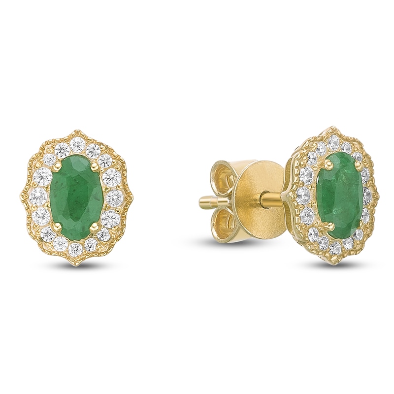 Main Image 3 of Oval-Cut Natural Emerald & Diamond Arabesque Halo Stud Earrings 1/8 ct tw 10K Yellow Gold