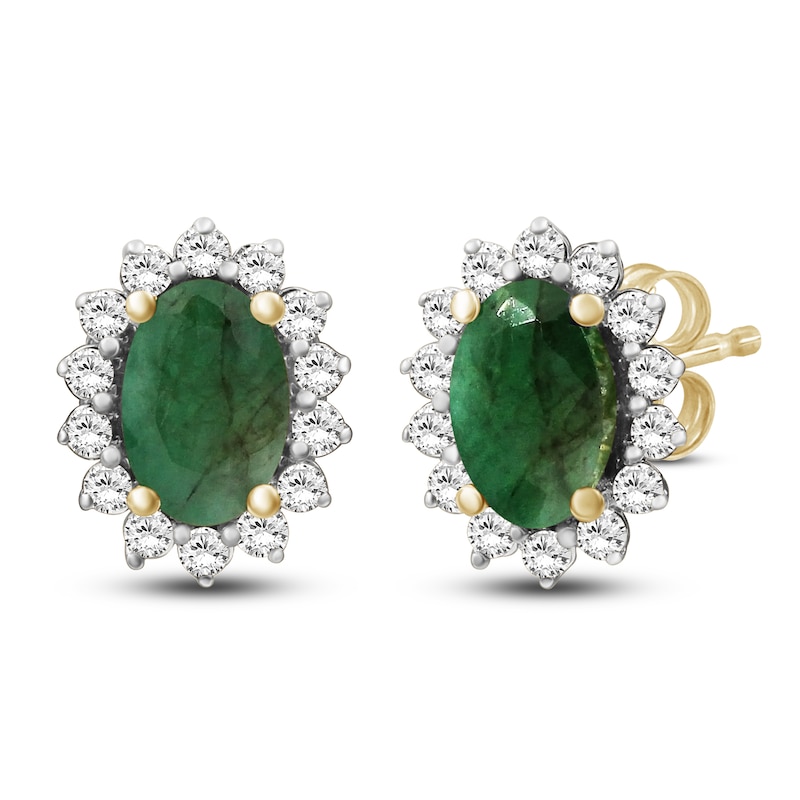 Main Image 1 of Oval-Cut Natural Emerald & Diamond Starburst Halo Stud Earrings 1/4 ct tw 14K Yellow Gold