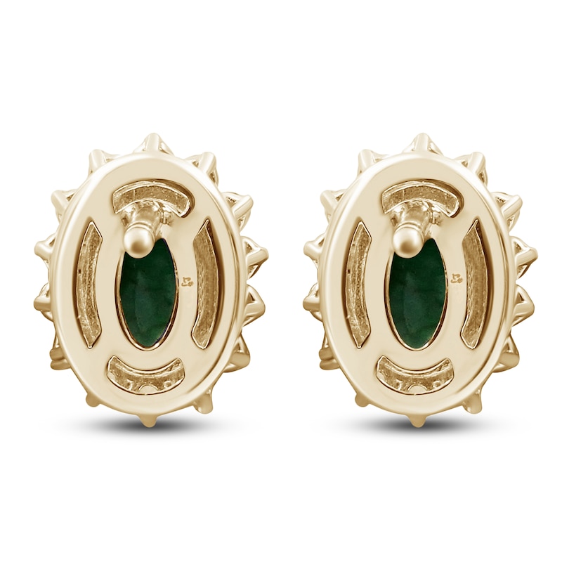 Main Image 2 of Oval-Cut Natural Emerald & Diamond Starburst Halo Stud Earrings 1/4 ct tw 14K Yellow Gold