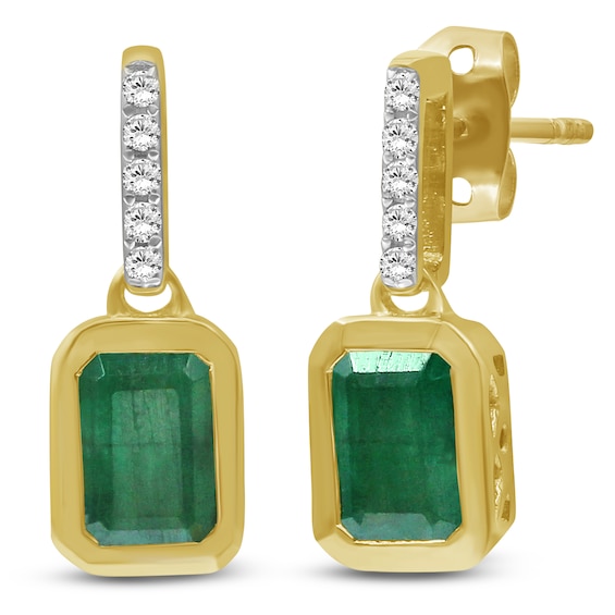 Rectangle-Cut Natural Emerald & Diamond Drop Earrings 1/20 ct tw 14K Yellow Gold
