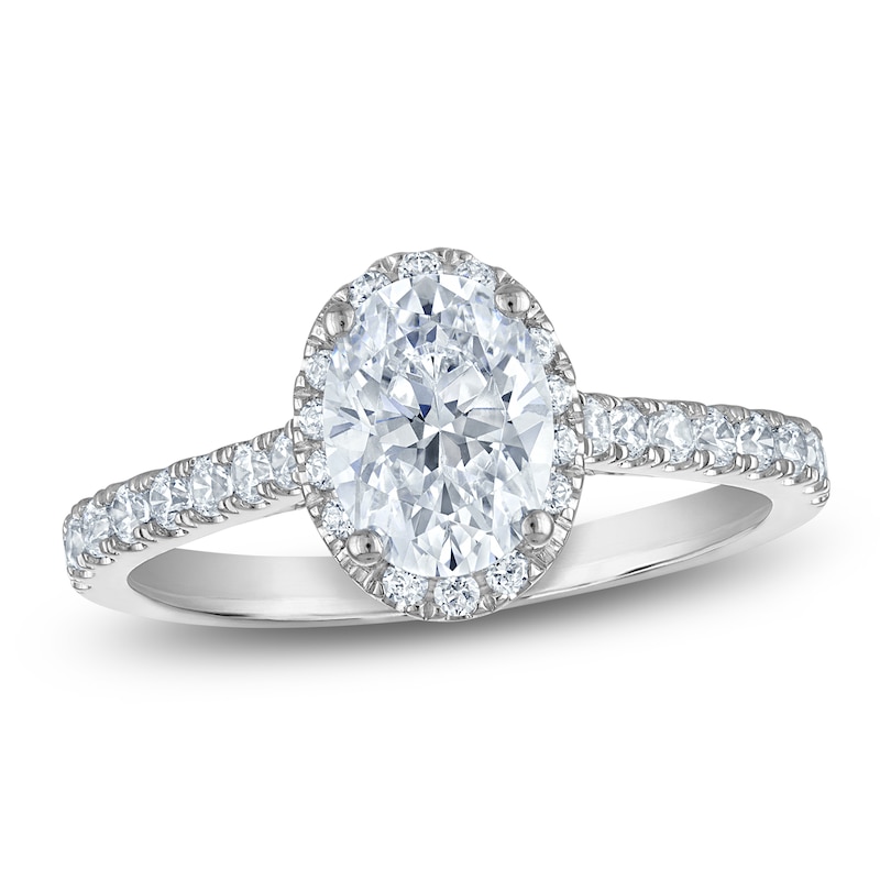 Main Image 1 of Certified Oval-Cut Diamond Halo Engagement Ring 1-1/2 ct tw 14K White Gold