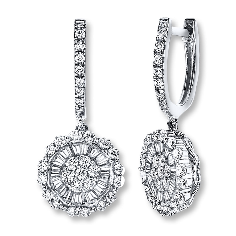Previously Owned Diamond Drop Earrings 1-1/4 ct tw Round/Baguette 14K White Gold