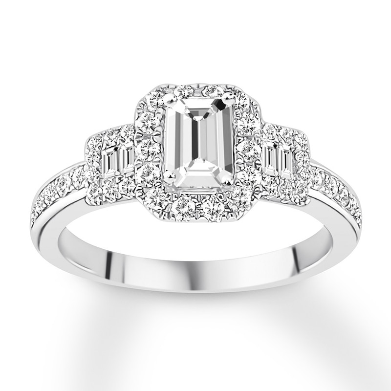 Main Image 1 of Previously Owned Diamond 3-Stone Engagement Ring 7/8 ct tw Emerald 14K White Gold