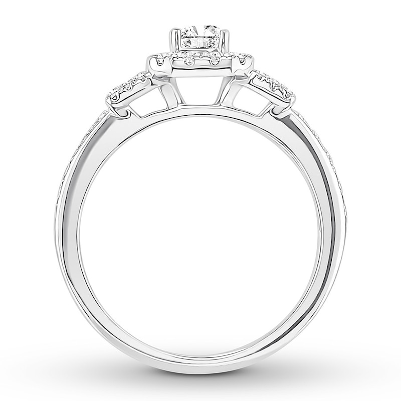 Main Image 2 of Previously Owned Diamond 3-Stone Engagement Ring 7/8 ct tw Emerald 14K White Gold