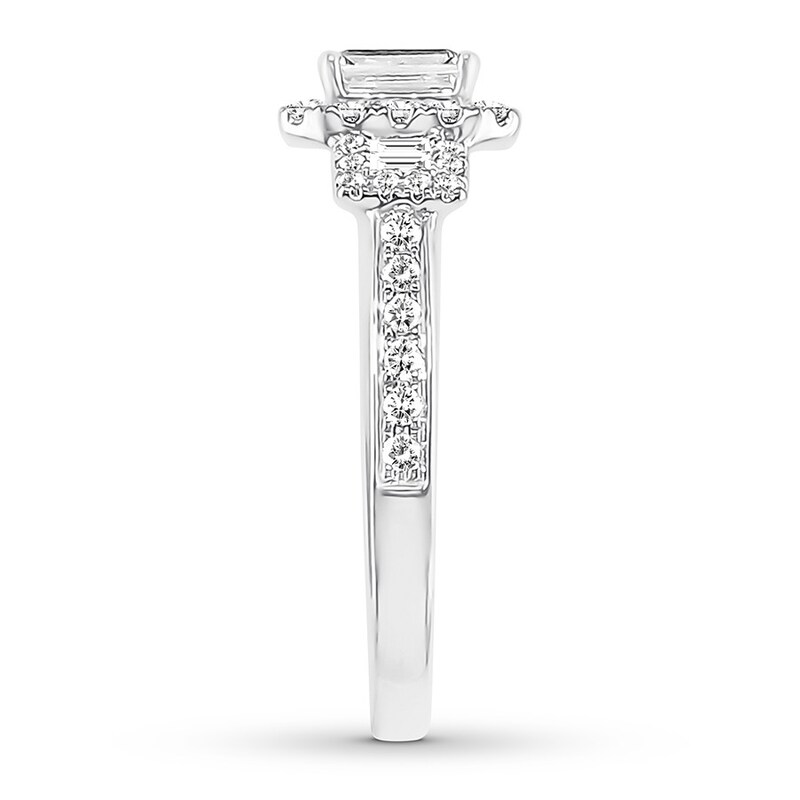 Main Image 3 of Previously Owned Diamond 3-Stone Engagement Ring 7/8 ct tw Emerald 14K White Gold