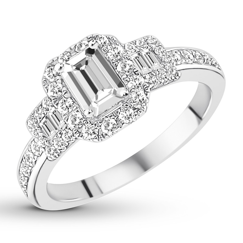 Main Image 4 of Previously Owned Diamond 3-Stone Engagement Ring 7/8 ct tw Emerald 14K White Gold