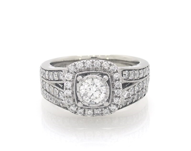 Main Image 1 of Previously Owned Round-Cut Diamond Cushion Halo Bridal Set 1-1/5 ct tw 14K White Gold