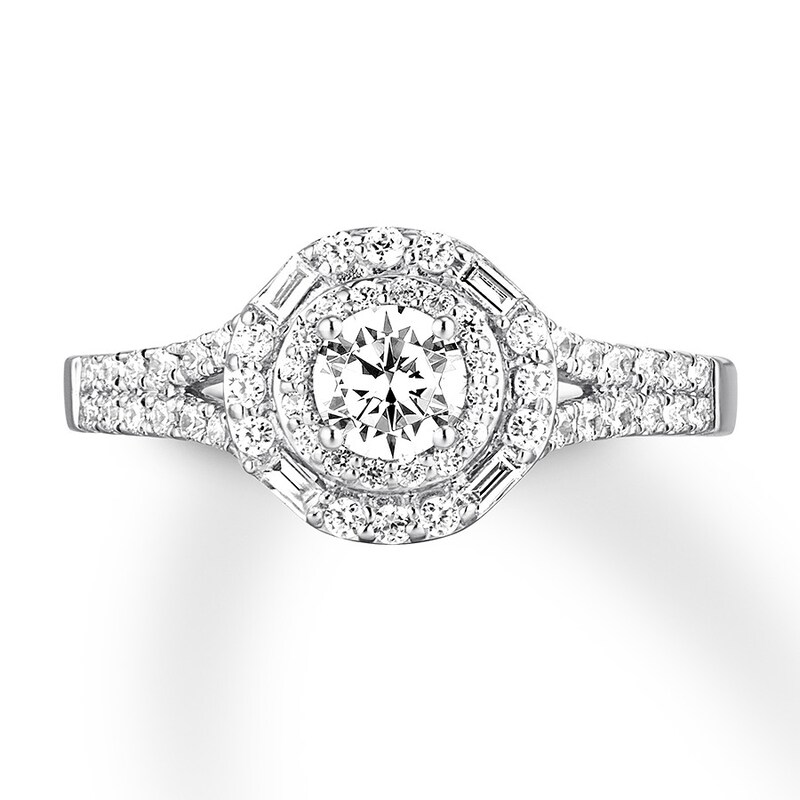 Main Image 1 of Previously Owned Diamond Engagement Ring 3/4 ct tw Round/Baguette 14K White Gold