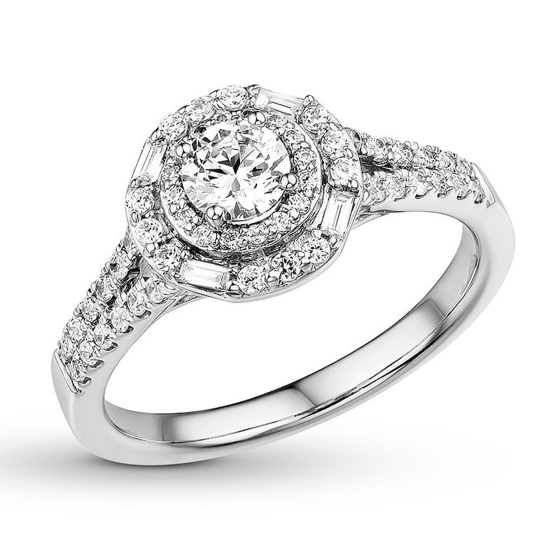 Main Image 3 of Previously Owned Diamond Engagement Ring 3/4 ct tw Round/Baguette 14K White Gold