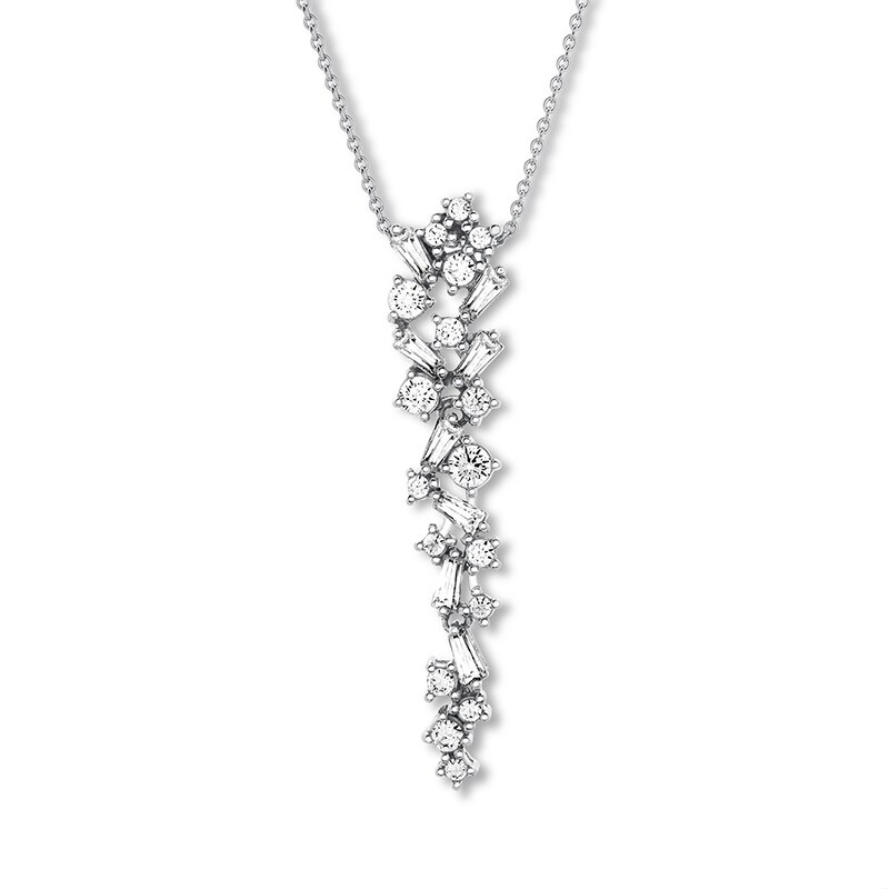 Main Image 1 of Previously Owned Diamond Necklace 1/2 ct tw Round/Baguette 14K White Gold