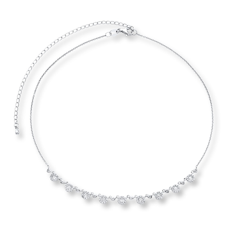 Main Image 1 of Previously Owned Diamond Choker Necklace 1 ct tw Bezel-set Round 14K White Gold 12"