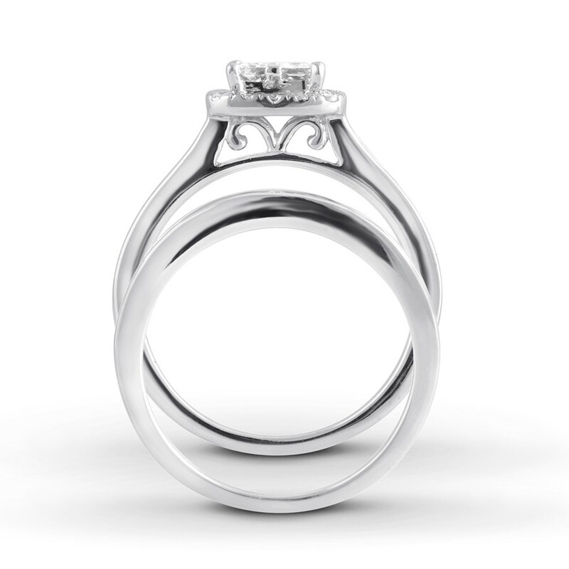 Main Image 2 of Previously Owned Diamond Bridal Set 1-1/8 ct tw Princess/Round 14K White Gold