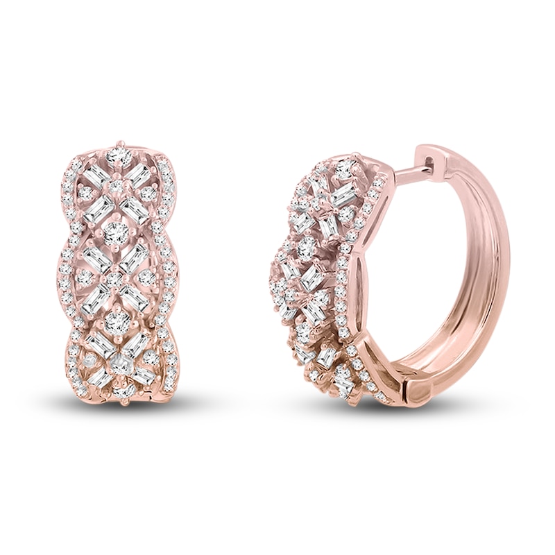 Main Image 1 of Previously Owned Diamond Hoop Earrings 1-1/2 ct tw Round/Baguette 14K Rose Gold