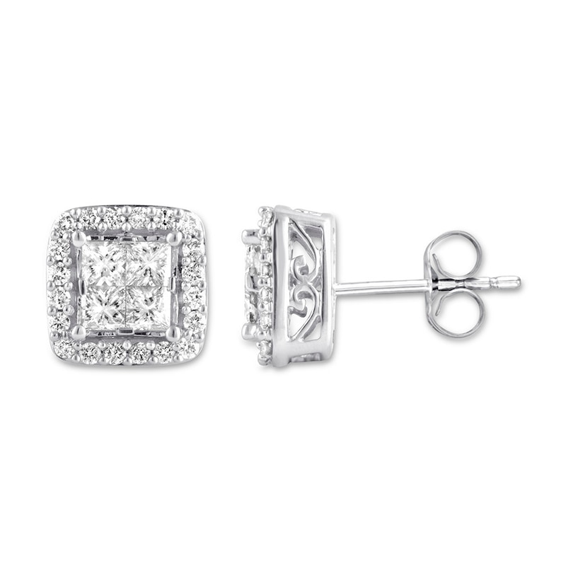 Main Image 1 of Previously Owned Diamond Earrings 1-1/4 ct tw Princess/Round 14K White Gold