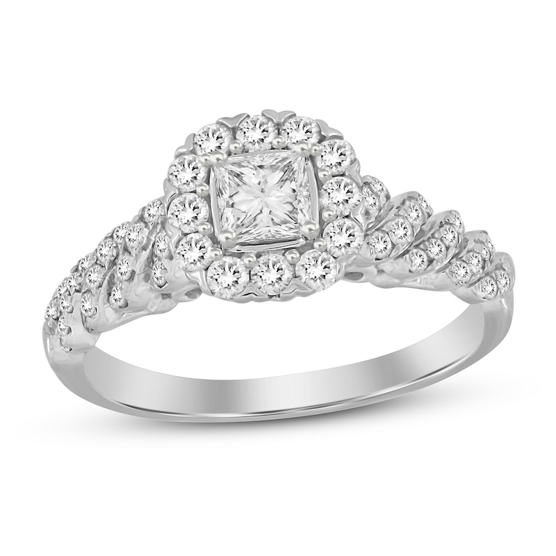 Main Image 1 of Previously Owned Diamond Engagement Ring 3/4 ct tw Princess/Round 14K White Gold