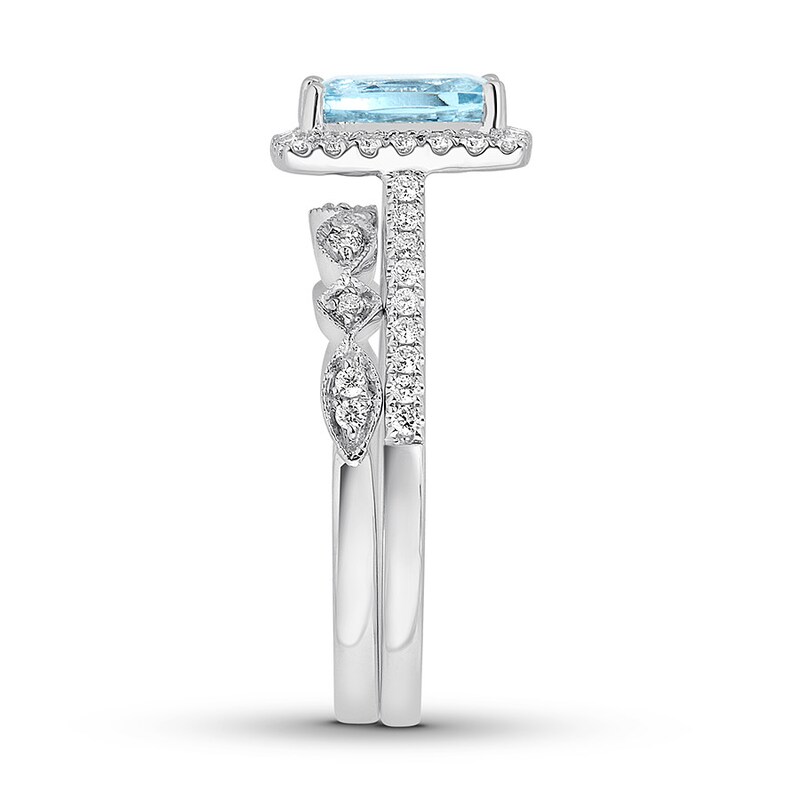 Main Image 3 of Previously Owned Aquamarine Bridal Set 1/3 ct tw Diamonds 14K White Gold