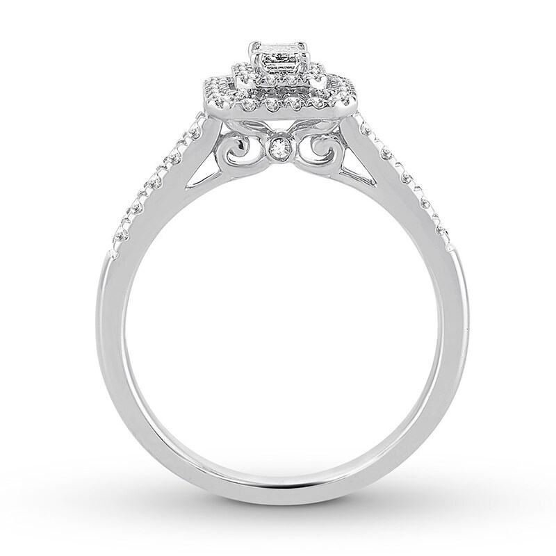 Main Image 2 of Previously Owned Previously Owned Diamond Promise Ring 1/2 ct tw Emerald/Round 10K White Gold