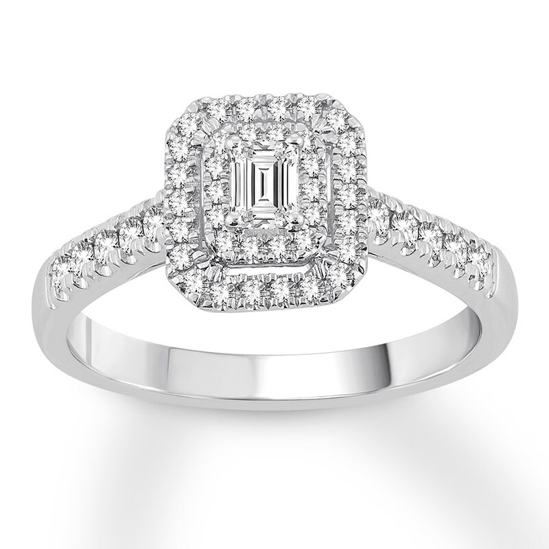 Previously Owned Diamond Promise Ring 1/2 ct tw Emerald/Round 10K White Gold