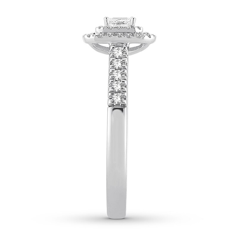 Main Image 3 of Previously Owned Diamond Promise Ring 1/2 ct tw Emerald/Round 10K White Gold