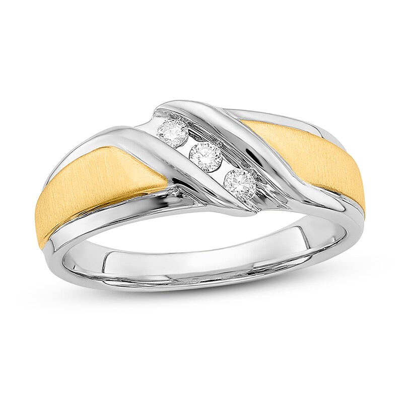 Main Image 1 of Previously Owned Men's 3-Stone Diamond Wedding Band 1/6 ct tw Round 10K Two-Tone Gold