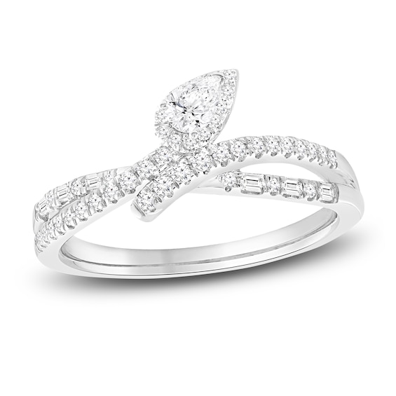 Previously Owned Diamond Ring 1/2 ct tw Pear/Round /Baguette 10K White ...