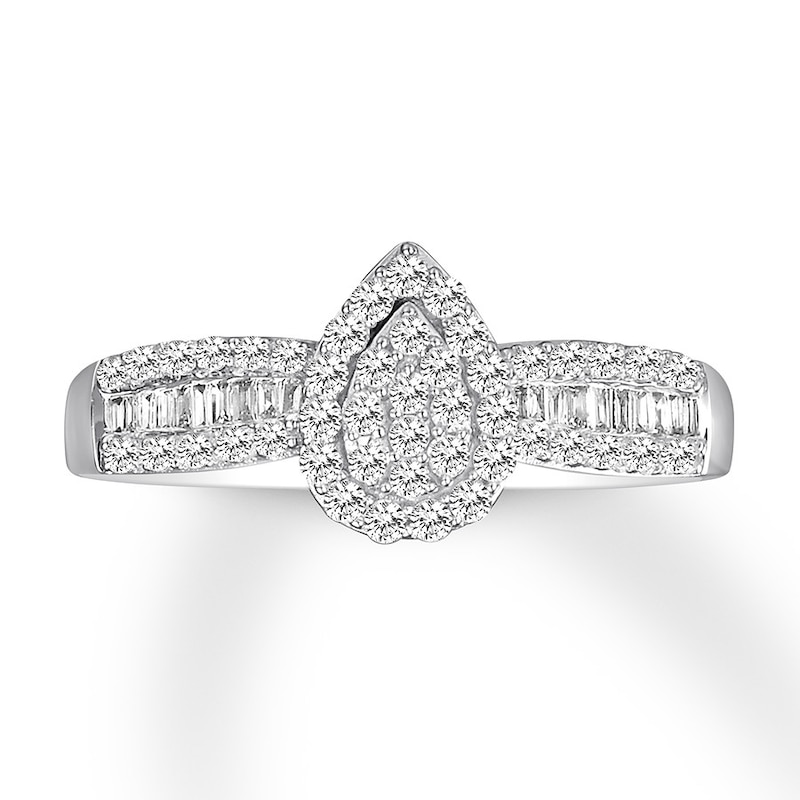 Main Image 1 of Previously Owned Diamond Promise Ring 1/3 ct tw Round/Baguette 10K White Gold