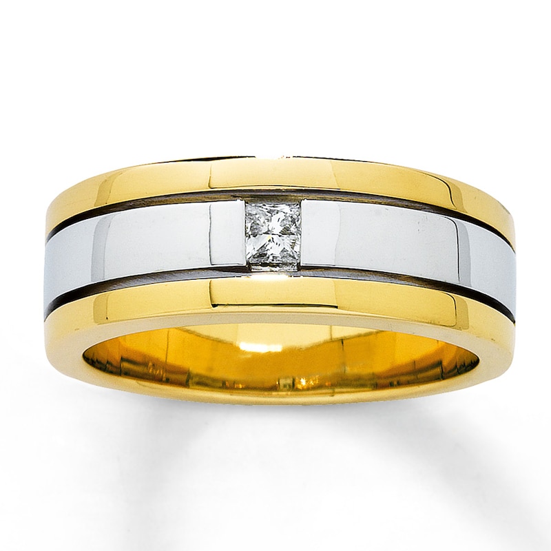 Main Image 1 of Previously Owned Men's Diamond Wedding Band 1/6 ct tw 14K Square-Cut Two-Tone Gold