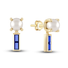 Juliette Maison Natural Blue Sapphire Baguette and Freshwater Cultured Pearl Earrings 10K Yellow Gold