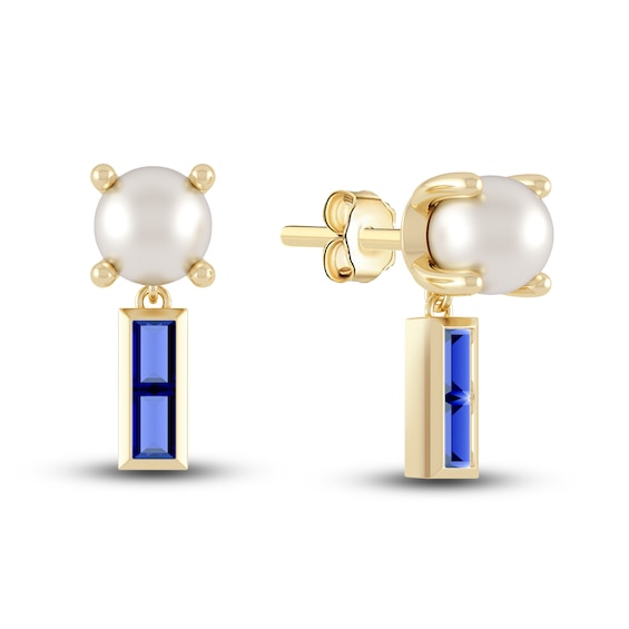 Juliette Maison Natural Blue Sapphire Baguette and Freshwater Cultured Pearl Earrings 10K Yellow Gold