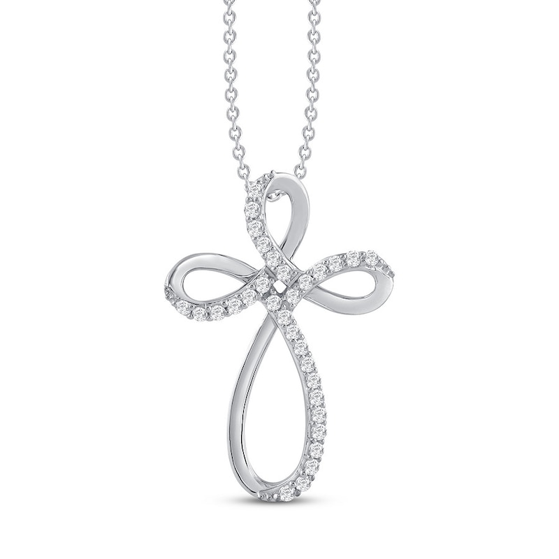 Main Image 1 of Previously Owned Diamond Cross Necklace 1/4 ct tw Round 10K White Gold