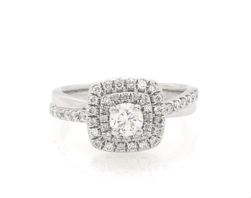 Main Image 1 of Previously Owned Round-Cut Diamond Double Cushion Halo Engagement Ring 5/8 ct tw 14K White Gold