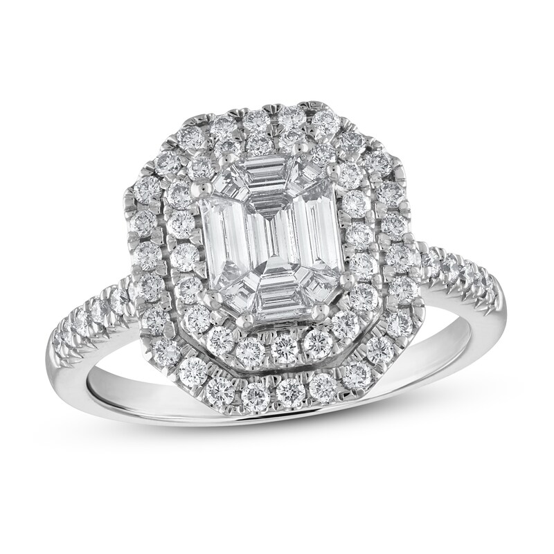 Main Image 1 of Previously Owned Diamond Engagement Ring 1 ct tw Emerald-cut/Round 14K White Gold