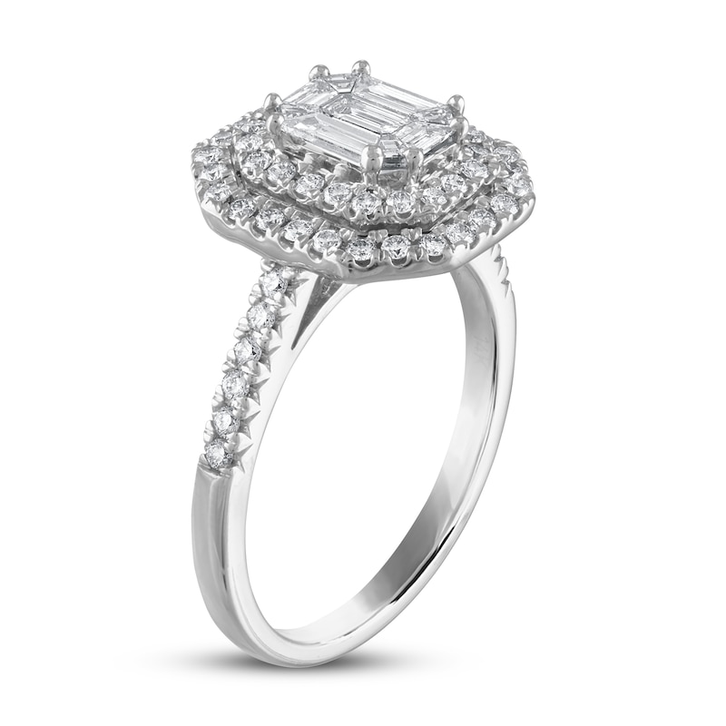 Main Image 2 of Previously Owned Diamond Engagement Ring 1 ct tw Emerald-cut/Round 14K White Gold