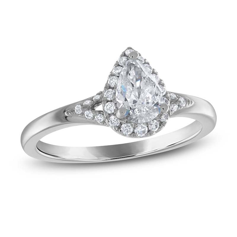 Main Image 1 of Previously Owned Certified Diamond Engagement Ring 3/4 ct tw Pear-shaped/Round 14K White Gold