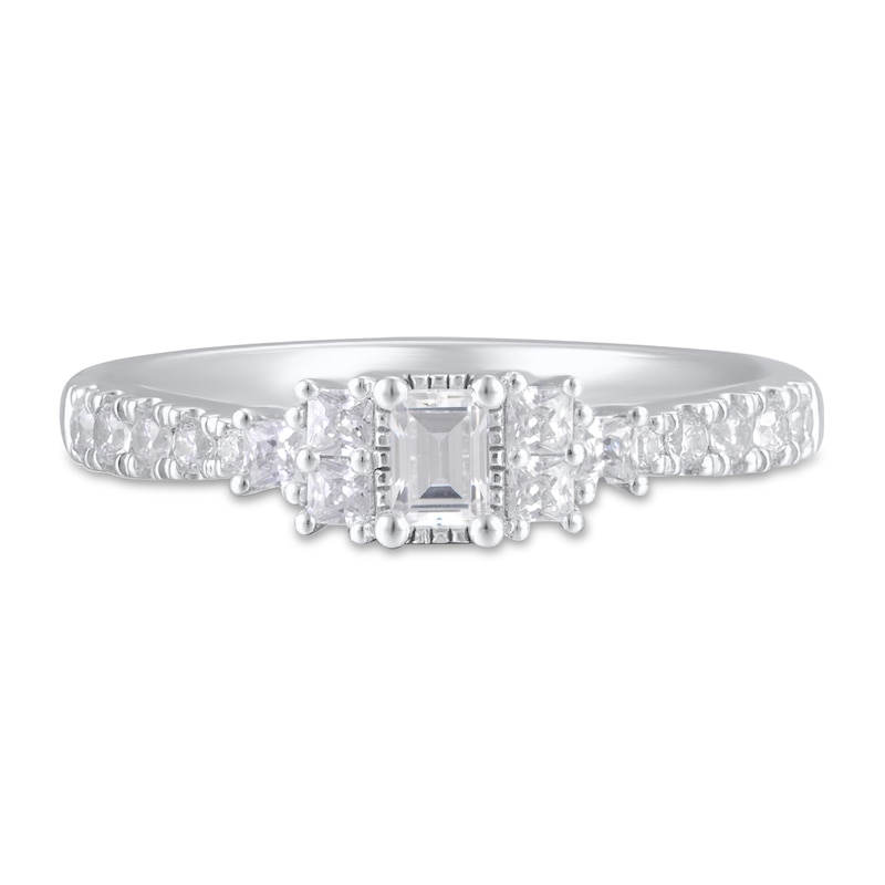 Main Image 3 of Previously Owned Diamond Engagement Ring 1/2 ct tw Emerald/Princess/Round 14K White Gold