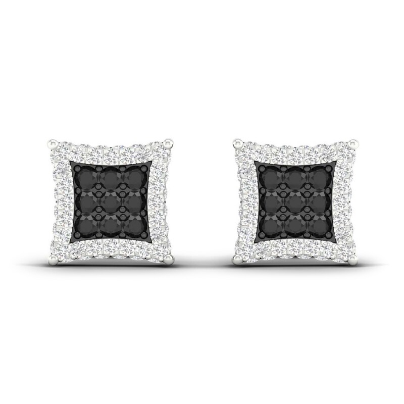 Main Image 1 of Previously Owned Men's Black Diamond Stud Earrings 1 ct tw Round 10K White Gold